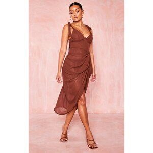PrettyLittleThing Chocolate Brown Underwire Detail Draped Midi Dress sz 10
